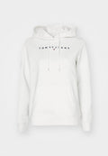Weißer Hoodie mit Fronttasche und Kordelzug, mit dem Text "Tommy Jeans" und kleinem Logo mittig auf der Brust.