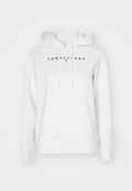 Weißer Hoodie mit Fronttasche und Kordelzug, mit dem Text "Tommy Jeans" und kleinem Logo mittig auf der Brust.