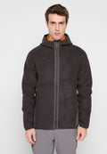Dunkelgraue Fleecejacke mit Kapuze, ausgestattet mit durchgehendem Frontreißverschluss und Raglanärmeln. Strukturierter Stoff, verstärkte Kanten und Seitentaschen.