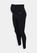 Schwarze Stillleggings mit hohem Bund, aus dehnbarem Stoff gefertigt, mit einer Seitentasche und einem kleinen blauen Nike-Logo-Akzent.