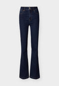 Dunkelblaue, hoch taillierte Jeans aus Denim mit ausgestellten Beinen, vorderen Taschen und einem doppelten Knopfverschluss an der Taille.