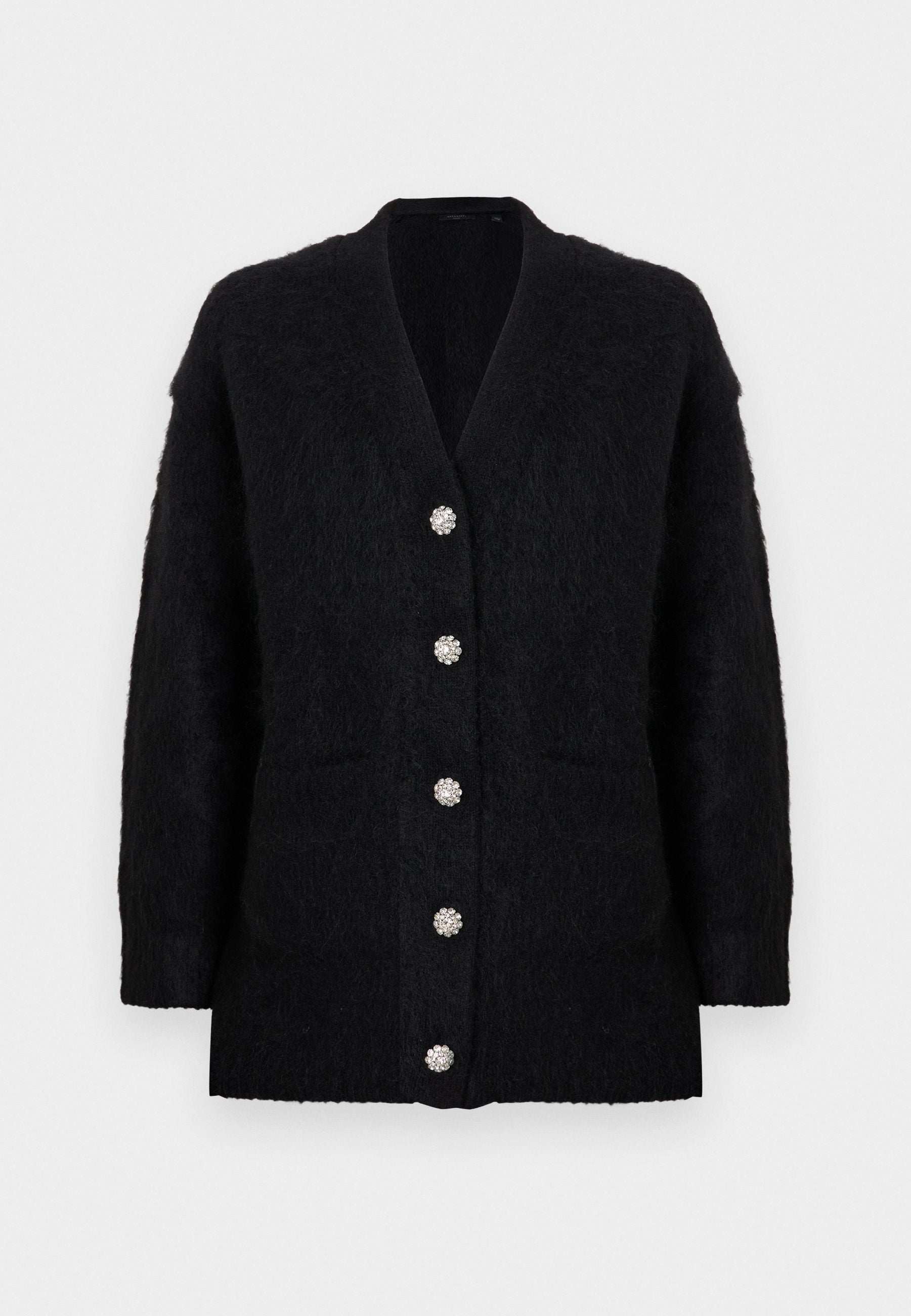 Schwarzer Cardigan aus weichem, strukturiertem Stoff mit tiefem V-Ausschnitt, sechs dekorativen Knöpfen und zwei Fronttaschen.