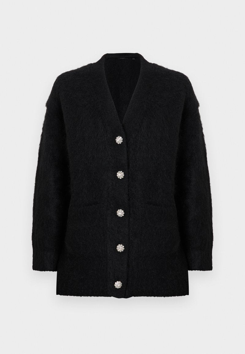 Schwarzer Cardigan aus weichem, strukturiertem Stoff mit tiefem V-Ausschnitt, sechs dekorativen Knöpfen und zwei Fronttaschen.