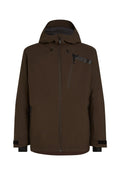 Braune wasserdichte Jacke mit Kapuze, Reißverschluss-Taschen und kontrastierenden schwarzen Akzenten. Glatte Textur mit einem eleganten, modernen Design.