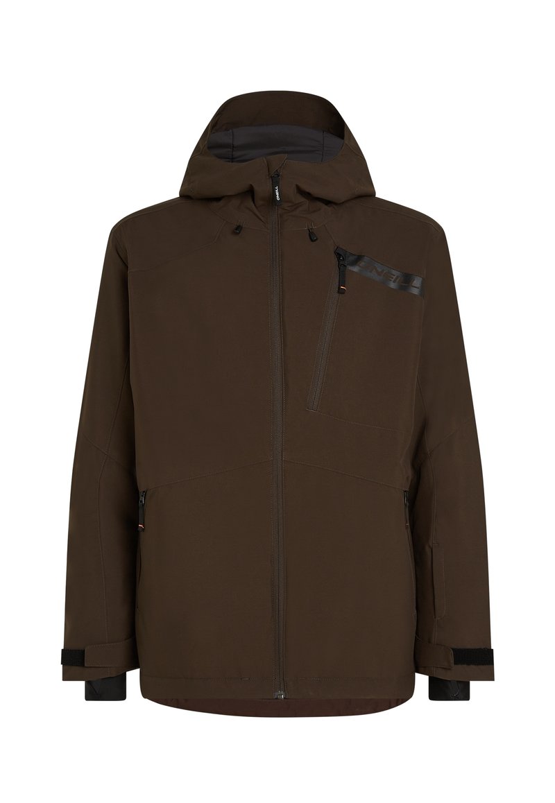 Braune wasserdichte Jacke mit Kapuze, Reißverschluss-Taschen und kontrastierenden schwarzen Akzenten. Glatte Textur mit einem eleganten, modernen Design.
