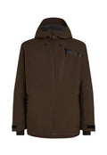 Braune wasserdichte Jacke mit Kapuze, Reißverschluss-Taschen und kontrastierenden schwarzen Akzenten. Glatte Textur mit einem eleganten, modernen Design.
