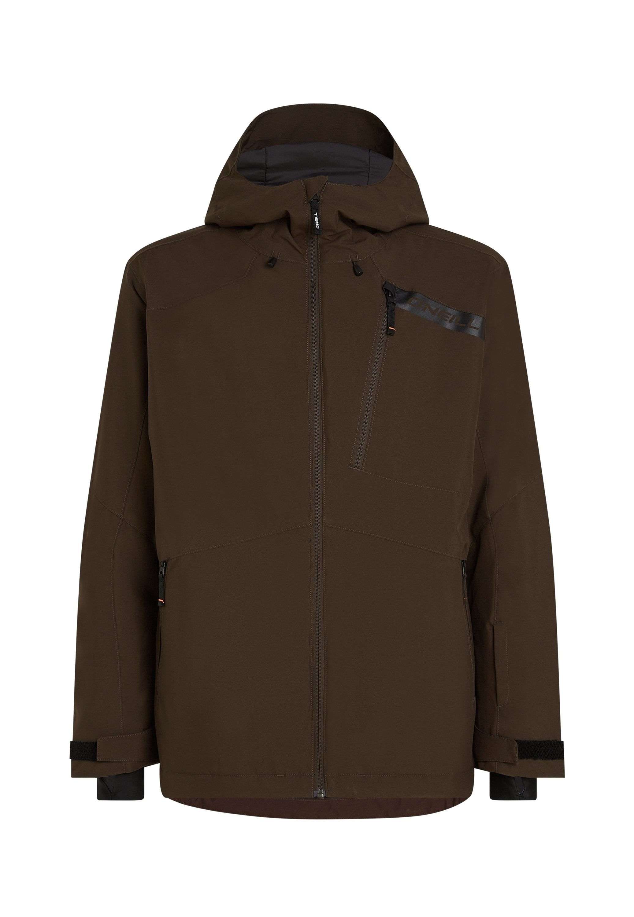 Braune wasserdichte Jacke mit Kapuze, Reißverschluss-Taschen und kontrastierenden schwarzen Akzenten. Glatte Textur mit einem eleganten, modernen Design.