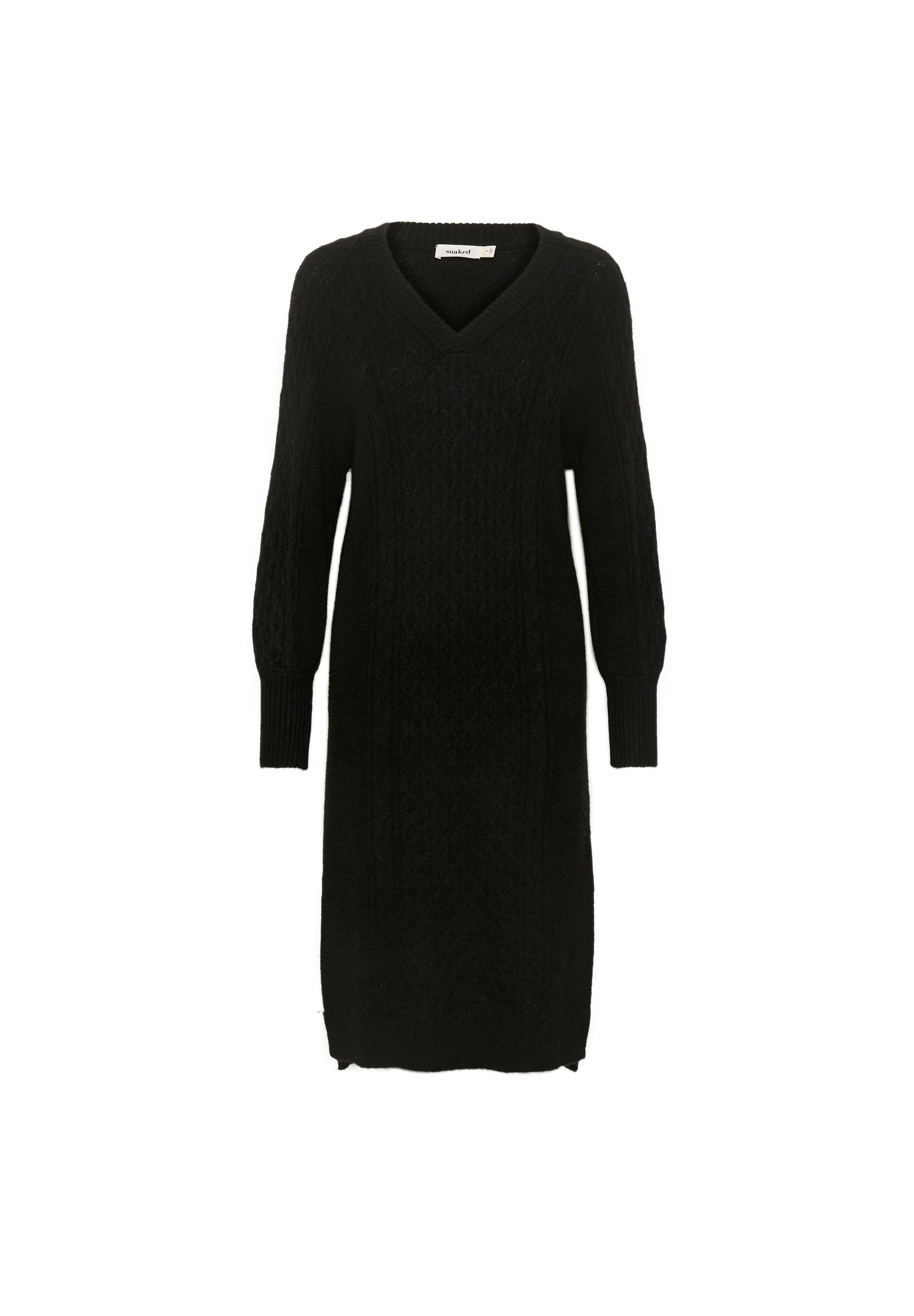 Schwarzes gestricktes Kleid mit V-Ausschnitt und langen, leicht gepufften Ärmeln. Verfügt über ein strukturiertes Zopf-Muster und hat eine Länge bis zur Mitte der Waden.