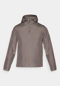 Nike-Jacke, leicht, grau-braun, mit Kapuze, durchgehendem Reißverschluss, langen Ärmeln, kontrastierenden Einsätzen und kleinem Logo auf der Brust.