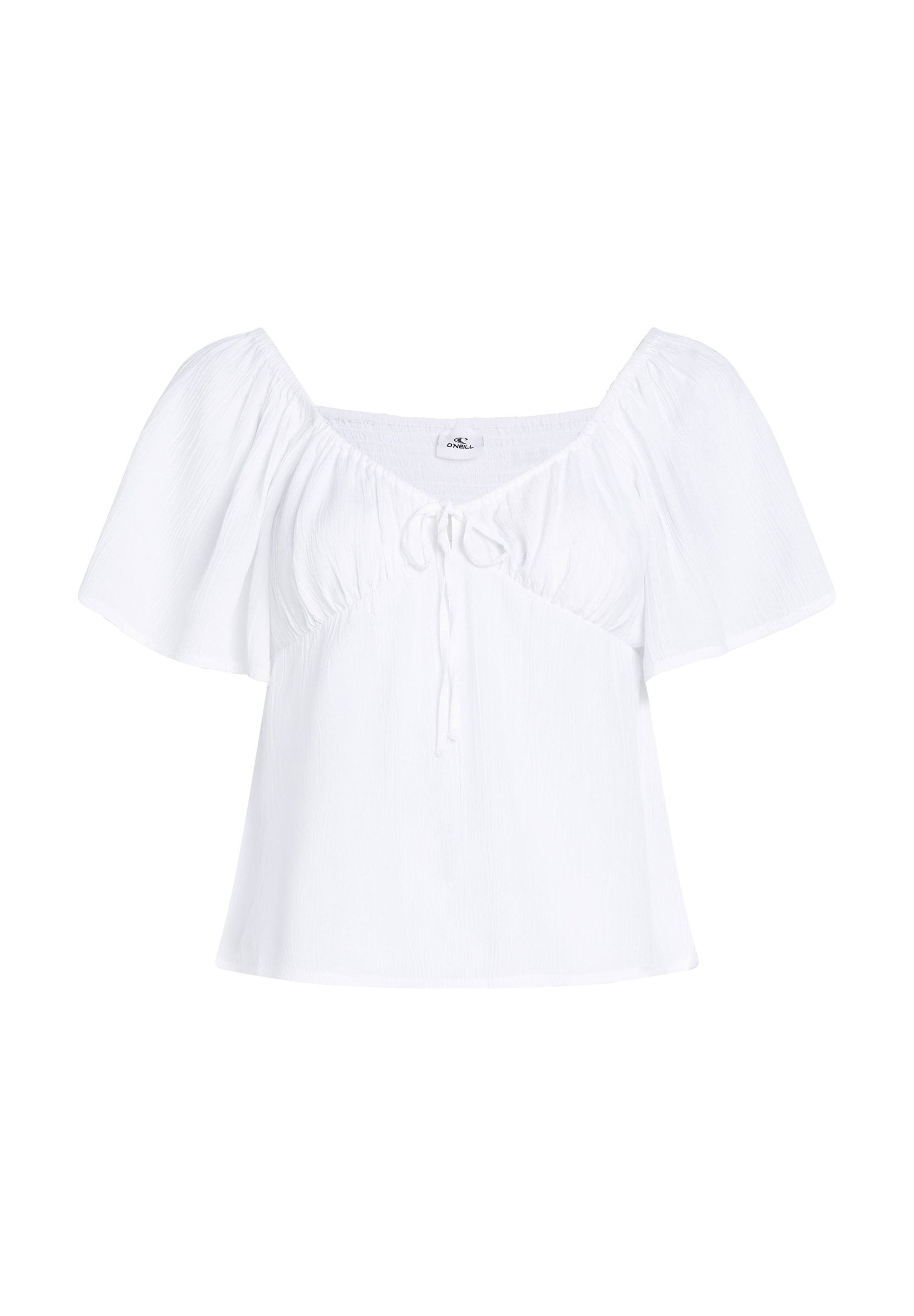 Weißes Blusenshirt mit kurzen, schwingenden Ärmeln und quadratischem Ausschnitt. Verfügt über ein Bindeband vorne und einen strukturierten Stoff. Leicht und luftiges Design.
