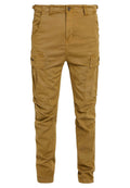 Khaki Cargo-Hosen aus robustem Baumwollmix, mit mehreren seitlichen Taschen, einem Knopfverschluss und einem leicht taillierten Bein Design.