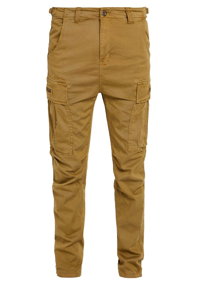 Khaki Cargo-Hosen aus robustem Baumwollmix, mit mehreren seitlichen Taschen, einem Knopfverschluss und einem leicht taillierten Bein Design.