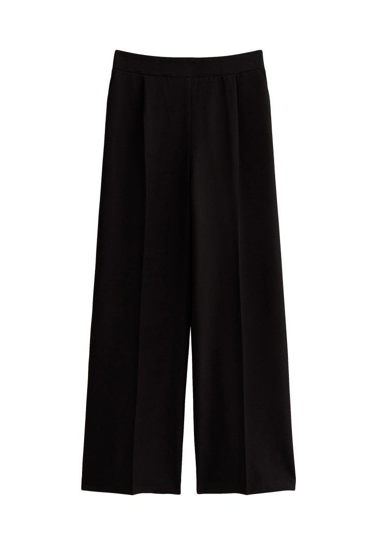 Schwarze weit geschnittene Hose aus weichem Stoff, mit einem glatten elastischen Bund und ohne sichtbare Verschlüsse oder Muster.