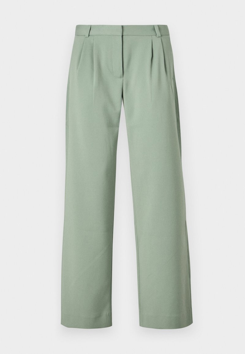 Grüne maßgeschneiderte Hosen aus glattem Stoff. Verfügt über ein gerades Bein Design, Falten an der Vorderseite und seitliche Taschen.