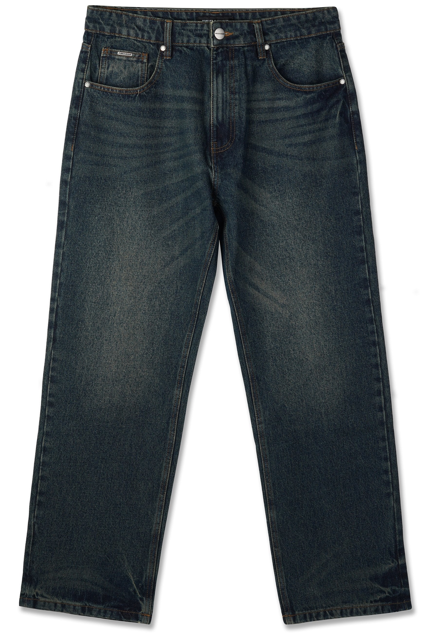 Dunkelblaue Denim-Jeans mit geradem Bein, Knopf- und Reißverschluss, vorderen Taschen und dezenten Used-Effekten.