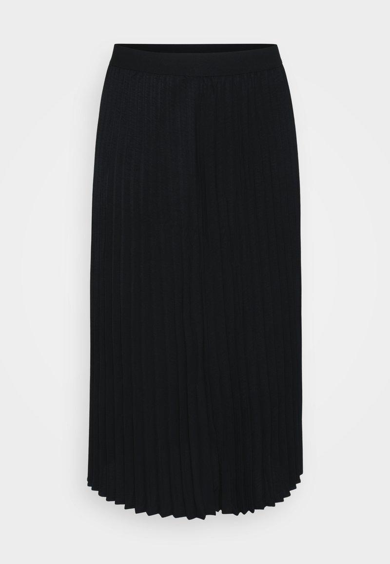 Schwarz gefalteter Rock mit einem breiten, elastischen Bund, bodenlanger Schnitt und weicher Textur. Verfügt über vertikale Falten im gesamten Stoff.