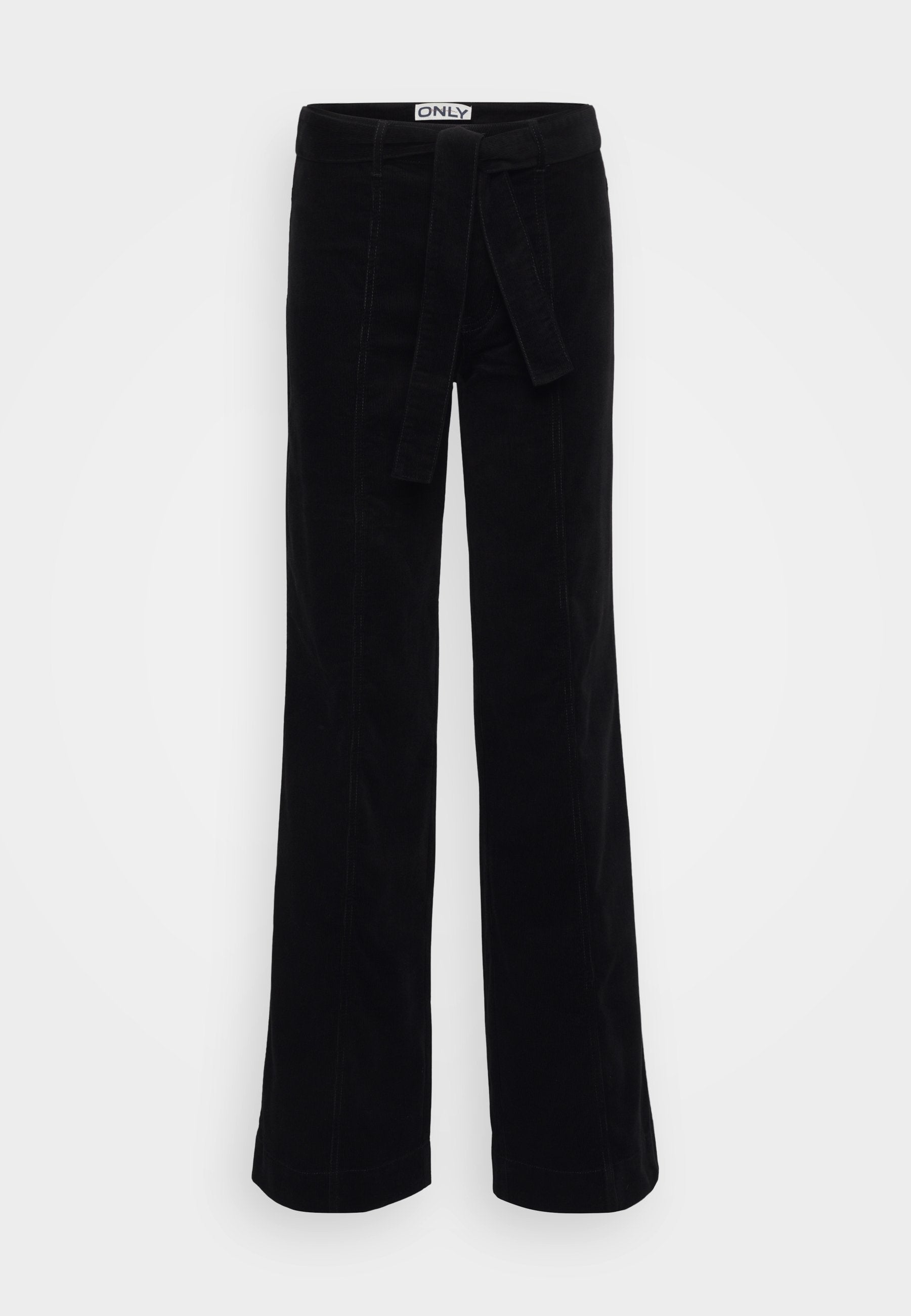 Schwarze Cordhosen mit weitem Bein und einem Stoffgürtel, die dezente Nahtdetails und einen taillierten Bund für einen maßgeschneiderten Look aufweisen.