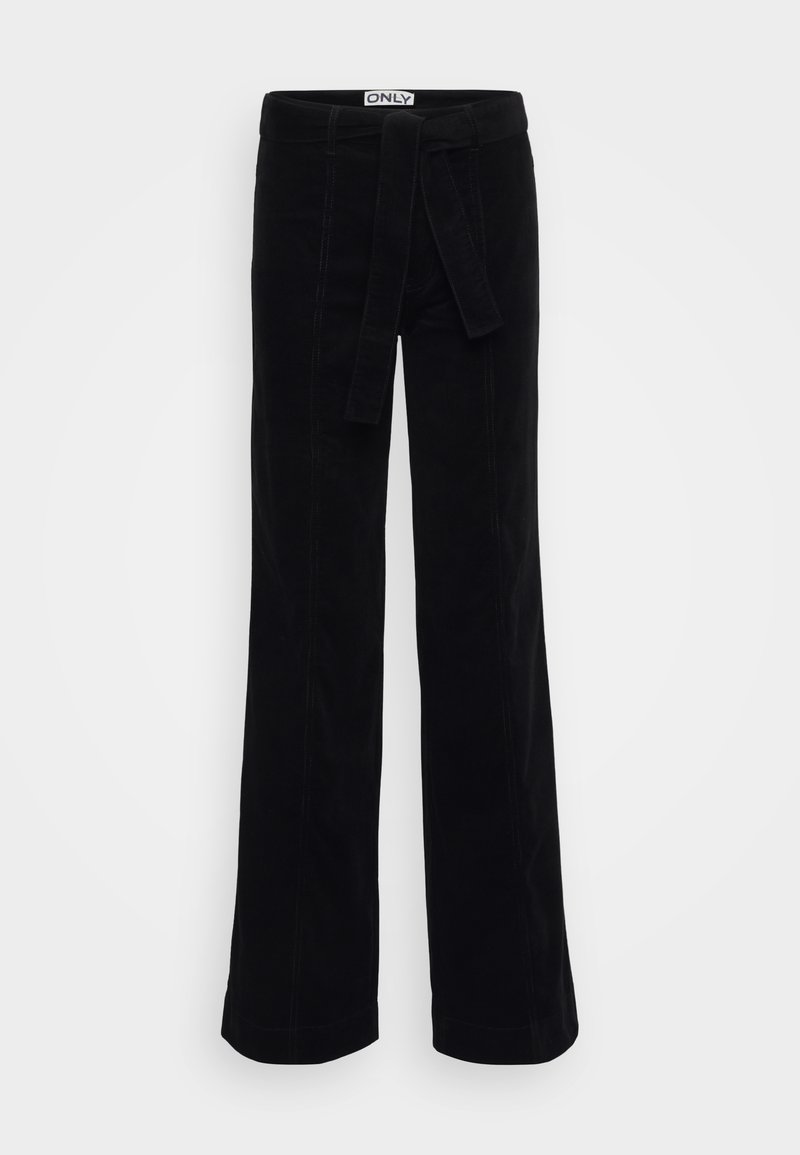 Schwarze Cordhosen mit weitem Bein und einem Stoffgürtel, die dezente Nahtdetails und einen taillierten Bund für einen maßgeschneiderten Look aufweisen.