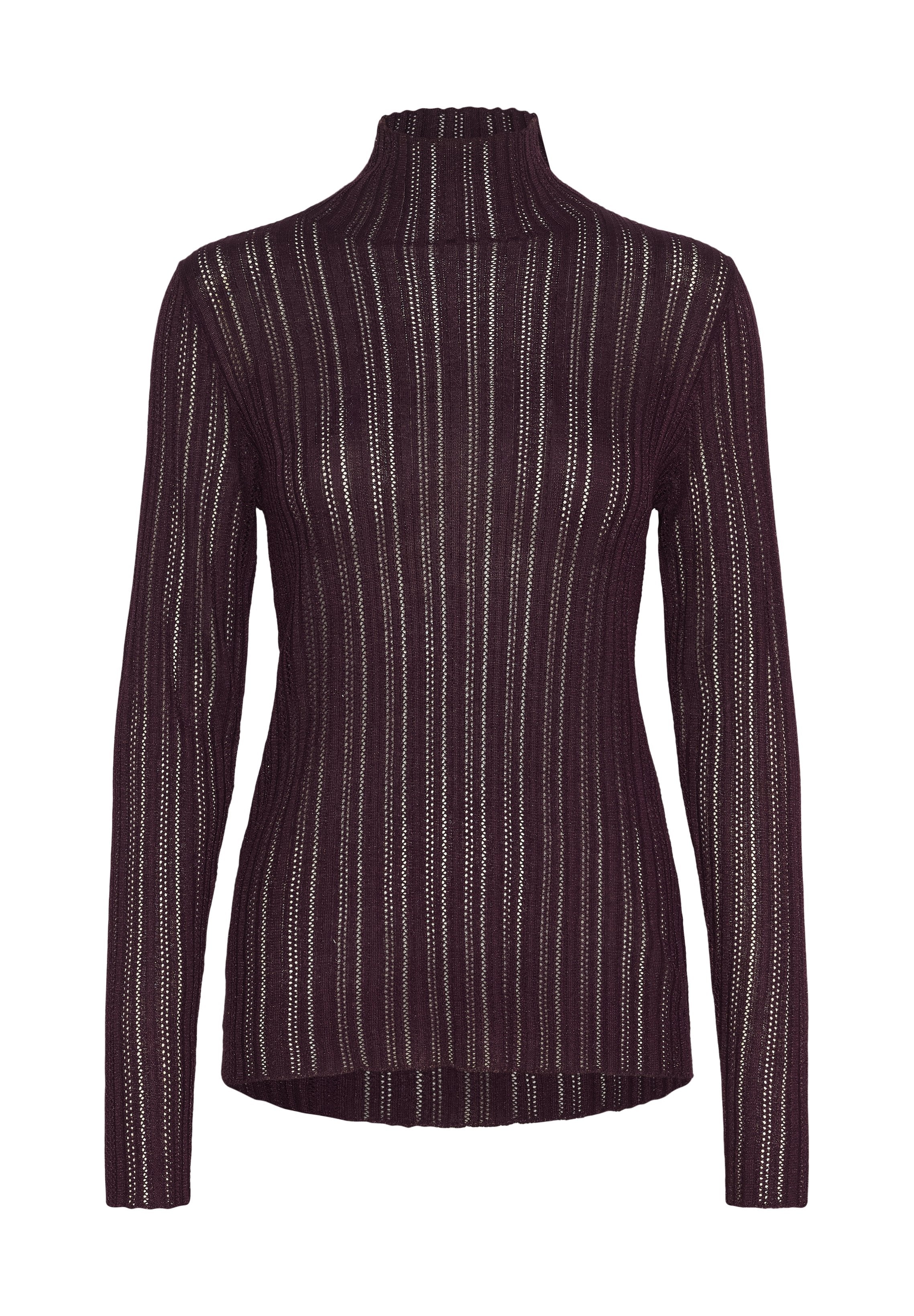 Burgunderfarbener Rollkragenpullover mit langen Ärmeln, der vertikale Streifen und eine offene Stricktextur aufweist, die ein leichtes Erscheinungsbild erzeugt.