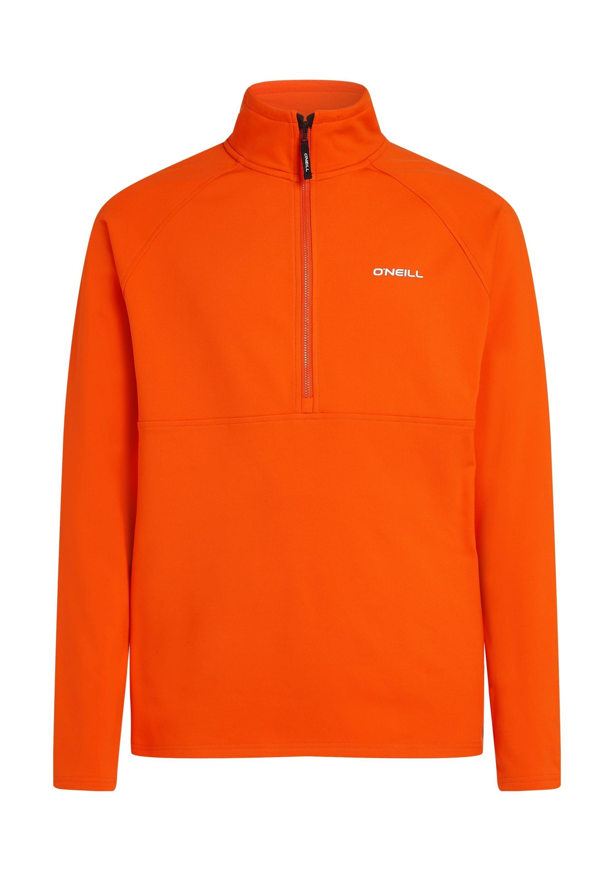 Oranger Fleece-Pullover mit hohem Kragen und halber Reißverschluss-Design. Mit Raglanärmeln und einem kleinen weißen Logo auf der Brust.