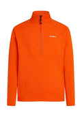 Oranger Fleece-Pullover mit hohem Kragen und halber Reißverschluss-Design. Mit Raglanärmeln und einem kleinen weißen Logo auf der Brust.