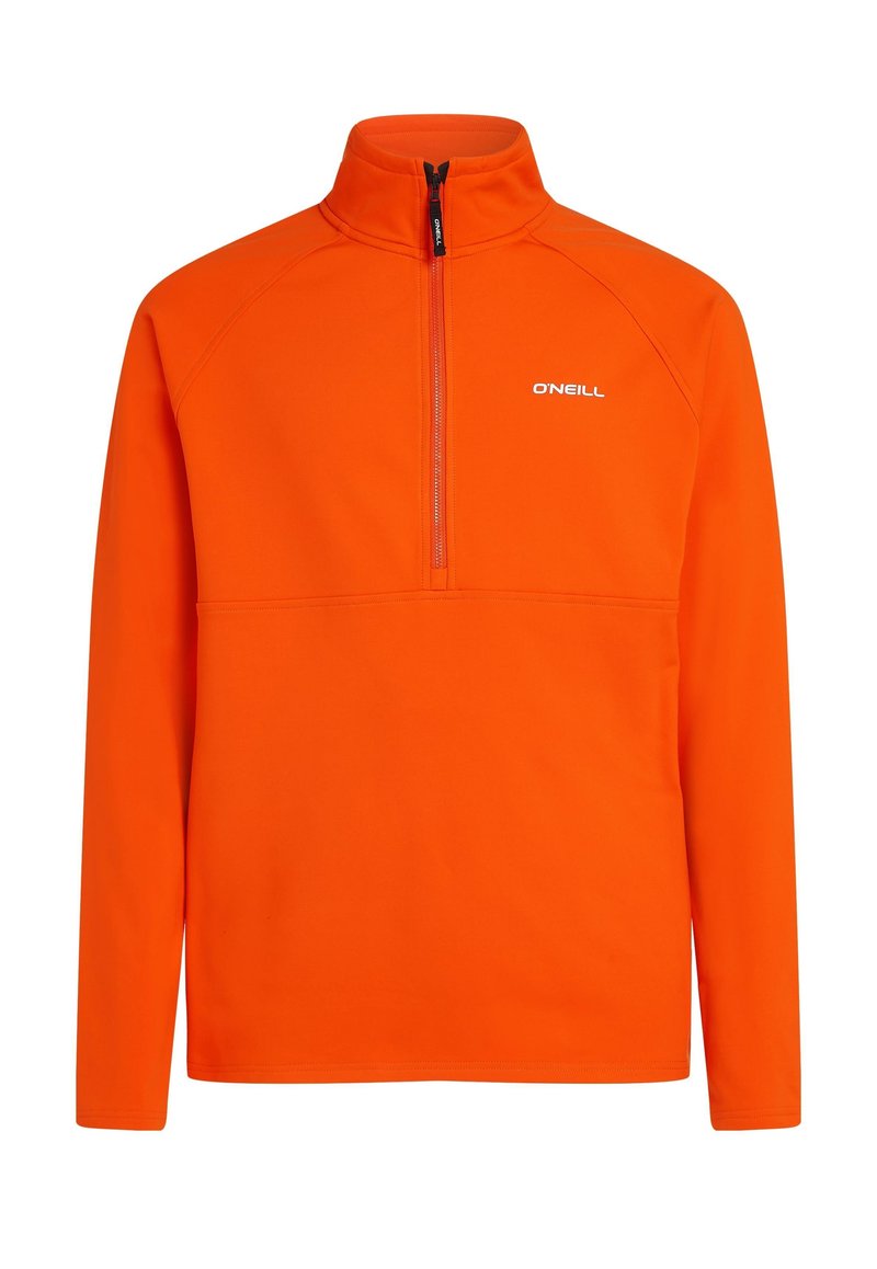 Oranger Fleece-Pullover mit hohem Kragen und halber Reißverschluss-Design. Mit Raglanärmeln und einem kleinen weißen Logo auf der Brust.