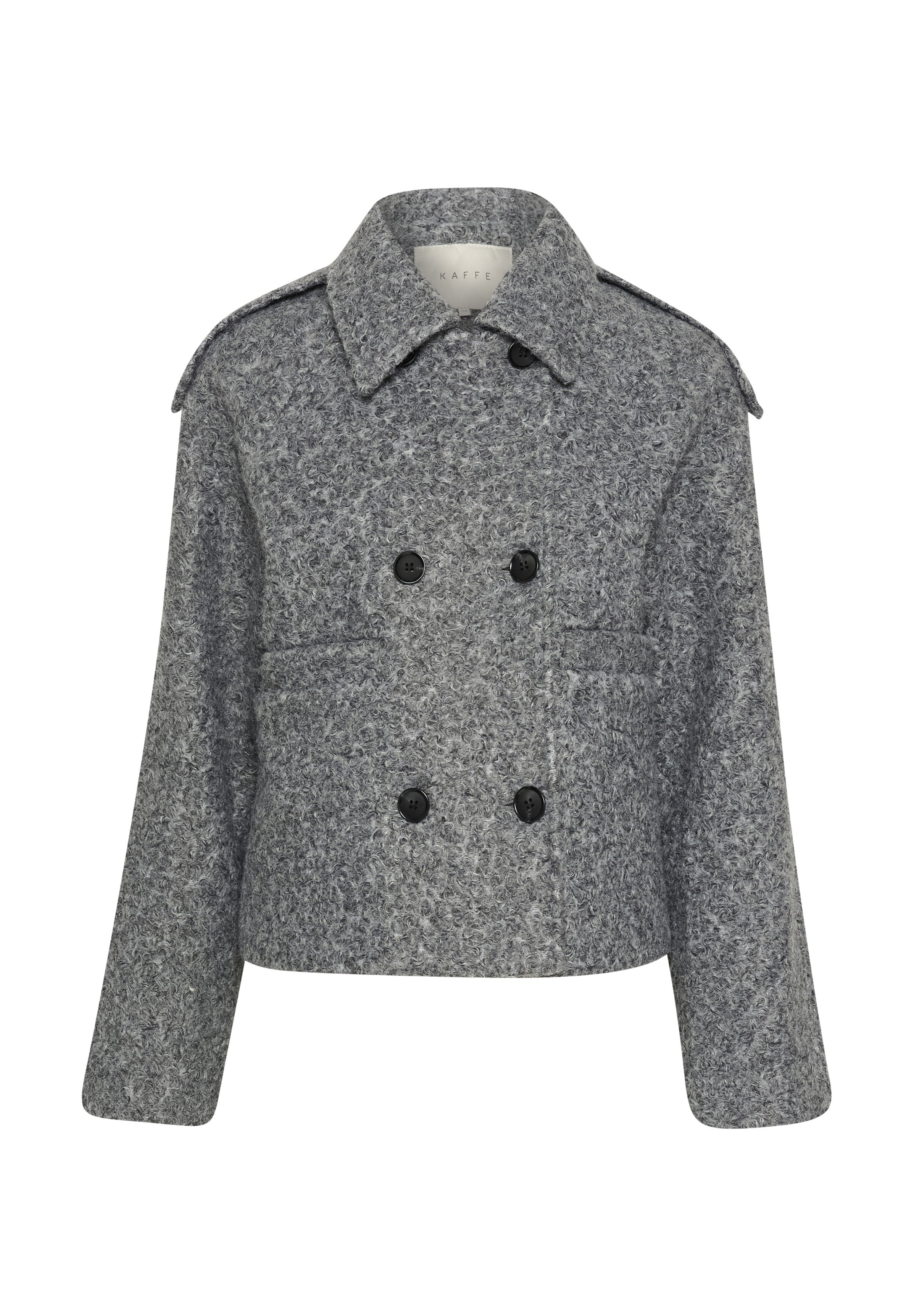 Grau meliertes, kurzes Jacket aus Wolle mit doppelter Knopfleiste, schwarzen Knöpfen, eingeschnittenem Kragen und Schulterklappen. Weiche, strukturierte Oberfläche.