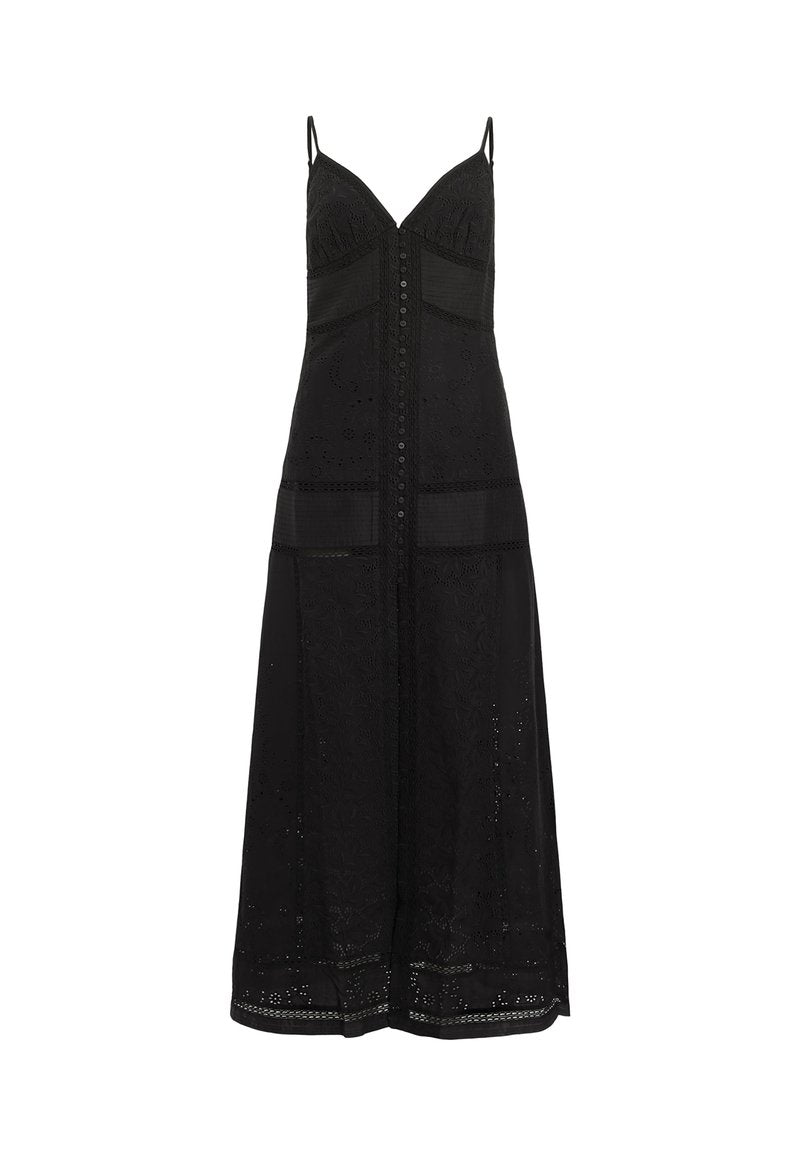 Schwarzes knielanges Kleid mit verstellbaren Spaghettiträgern, detailliertem Lochstickstoff, tailliertem Oberteil, Knopfleiste und Rock mit strukturierten Elementen.