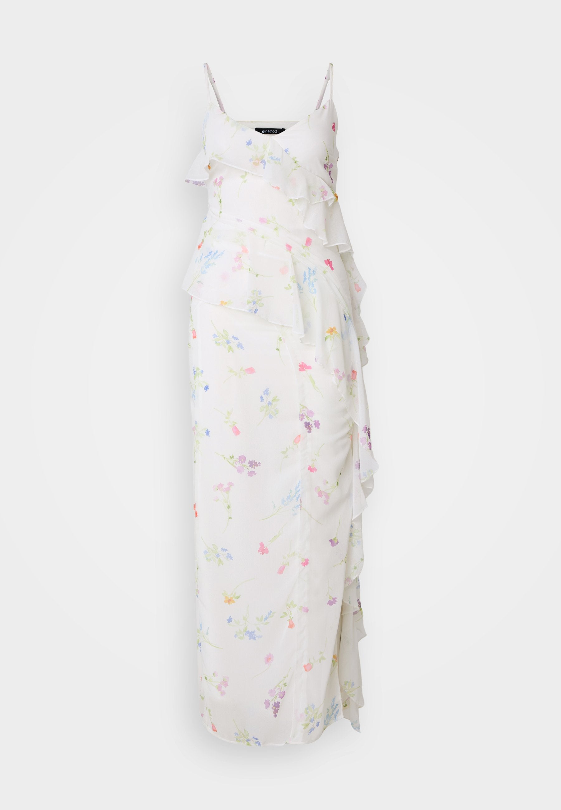Blumiges Maxikleid aus leichtem Stoff, mit schichtigen Rüschen, Spaghetti-Trägern und einer taillierten Silhouette mit vielfältigen Pastellblumenmustern.