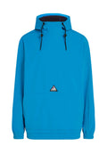 Blaue wasserdichte Jacke mit Kapuze, elastischen Bündchen und einer Fronttasche. Verfügt über ein dreieckiges Logo auf der Brust. Glatte Textur.