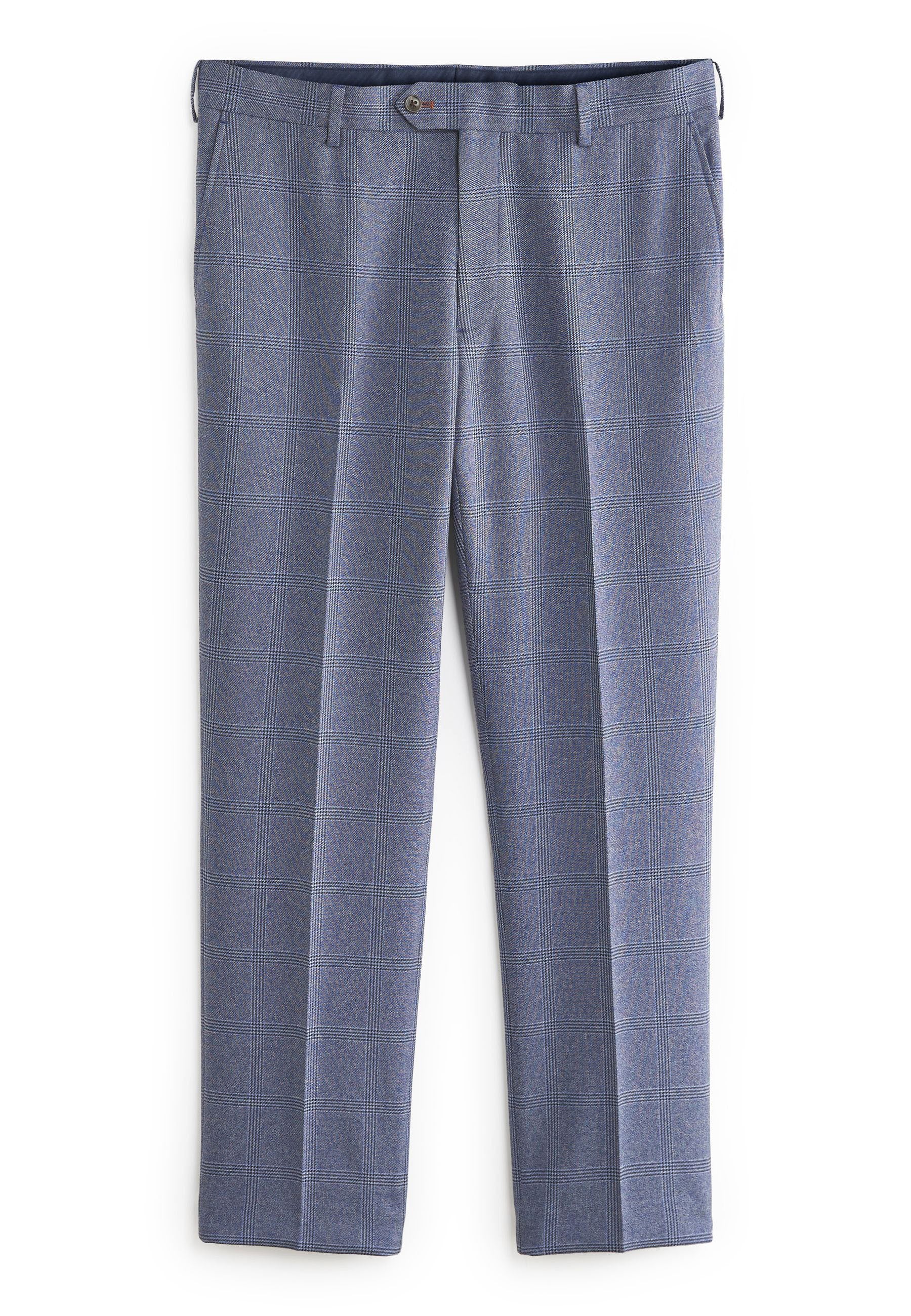 Leichte, maßgeschneiderte Hosen im blau-grauen Karomuster mit flachem Frontdesign, Gürtelschlaufen und einer einzelnen vorderen Tasche.