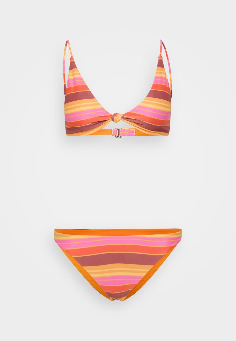 Bikini-Set mit einem geknoteten, dreieckigen Oberteil und klassischen Unterteilen. Mit horizontalen Streifen in Orange-, Pink- und Brauntönen. Glatte Stoffqualität.