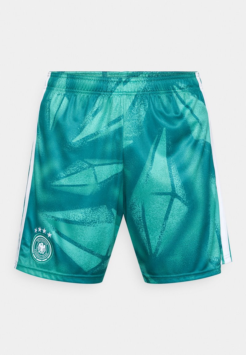 Shorts in einem türkisfarbenen Ton mit einem strukturierten, abstrakten Muster. Verfügt über weiße Seitenstreifen und ein Logo mit vier Sternen am linken Bein.