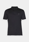 Schwarzes Poloshirt aus glattem Stoff, mit klassischem Kragen, Drei-Knopf-Leiste und kleinem gesticktem Logo auf der Brust.