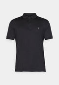 Schwarzes Poloshirt aus glattem Stoff, mit klassischem Kragen, Drei-Knopf-Leiste und kleinem gesticktem Logo auf der Brust.