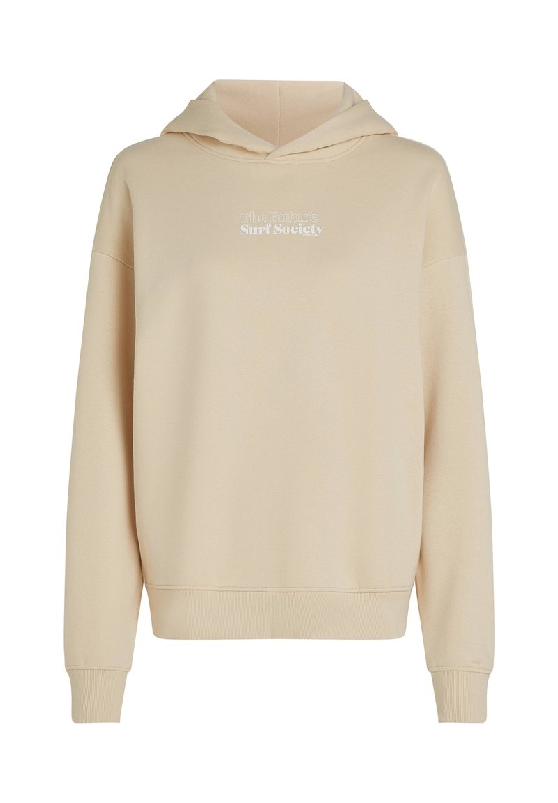 Beige Kapuzenpullover mit langen Ärmeln und weißem Aufdruck "The Future Surf Society" auf der Brust.