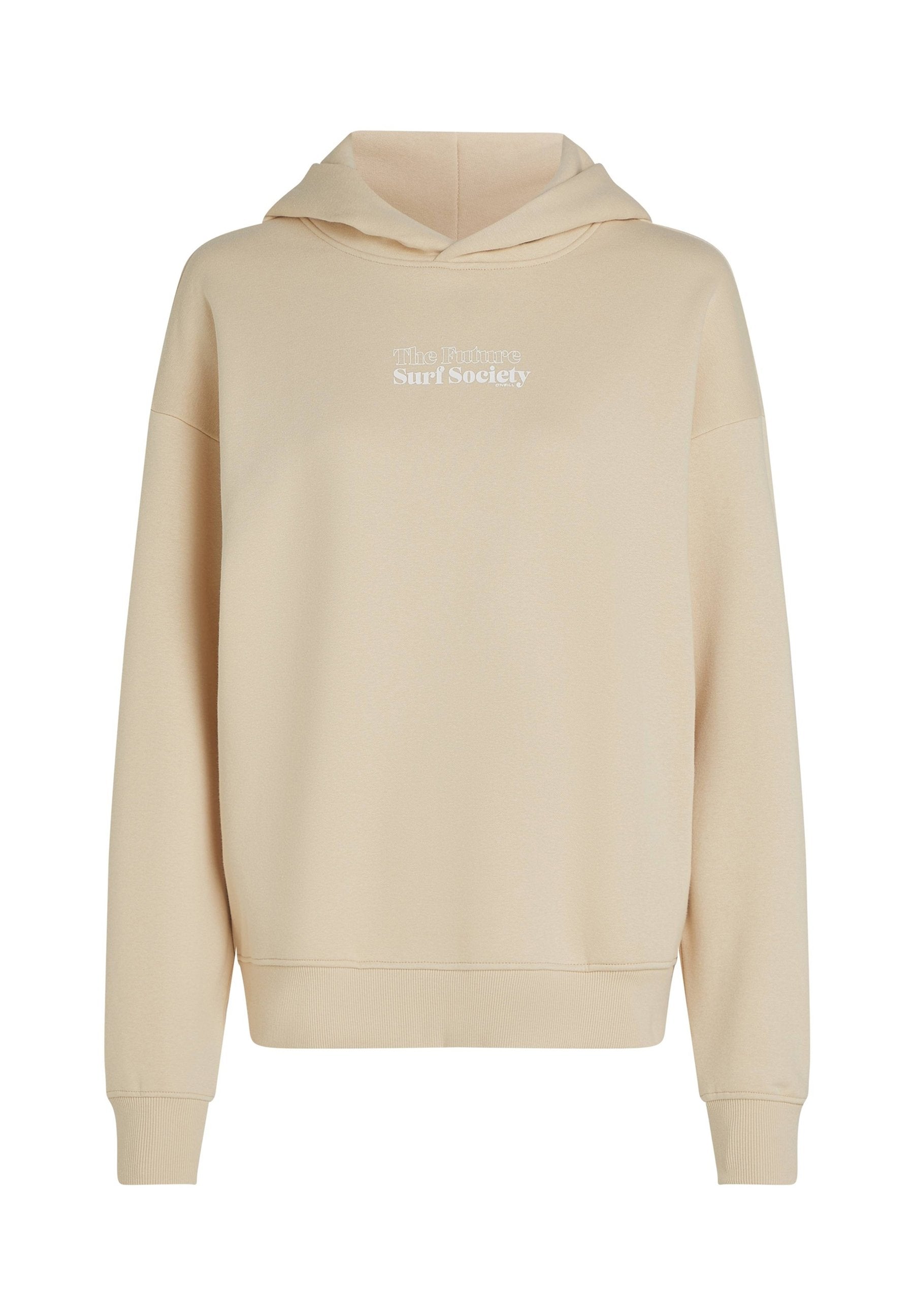 Beige Kapuzenpullover mit langen Ärmeln und weißem Aufdruck "The Future Surf Society" auf der Brust.