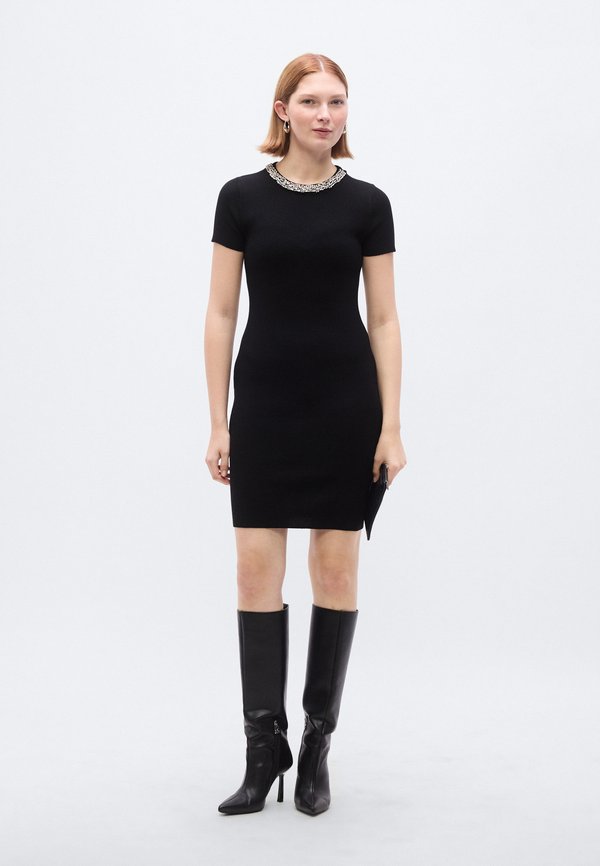DKNY SHORT SLEEVE CREWNECK SHORT DRESS EMBELLISHED RHINESTONES AT NECKLINE