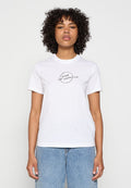 Weißes Baumwoll-T-Shirt mit kurzen Ärmeln, rundem Halsausschnitt und einem schwarzen kreisförmigen grafischen Text "DIESEL FOR SUCCESSFUL LIVING", der auf der Vorderseite aufgedruckt ist.