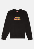 Schwarzer Sweatshirt mit rundem Halsausschnitt, das ein farbenfrohes "Diesel Industry"-Grafikdesign auf der Vorderseite in fetter Schrift und kreisförmigen Akzenten aufweist.