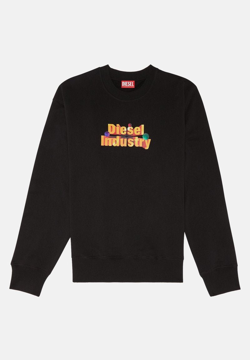 Schwarzer Sweatshirt mit rundem Halsausschnitt, das ein farbenfrohes "Diesel Industry"-Grafikdesign auf der Vorderseite in fetter Schrift und kreisförmigen Akzenten aufweist.