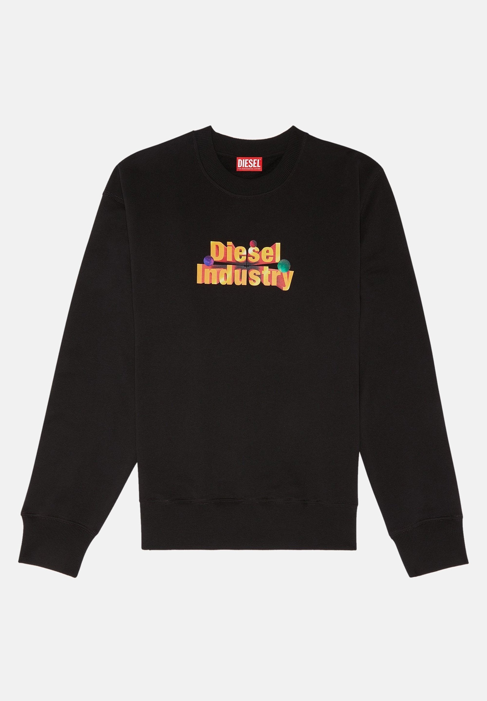 Schwarzer Sweatshirt mit rundem Halsausschnitt, das ein farbenfrohes "Diesel Industry"-Grafikdesign auf der Vorderseite in fetter Schrift und kreisförmigen Akzenten aufweist.