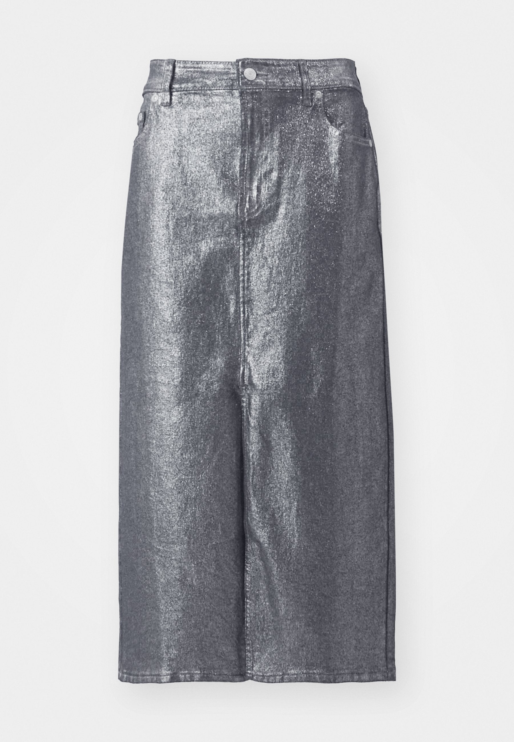 Silberner metallischer Denimrock, knielang, mit strukturierter Form, vorderer Knopfverschluss und Gürtelschlaufen. Glatte Textur mit minimalistischem Design.