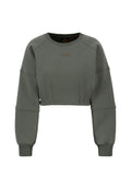 Abgeschnittenes olivgrünes Sweatshirt aus weichem Material. Mit gerippten Bündchen, einem Rundhalsausschnitt und dezent gerafften Details an der Taille.