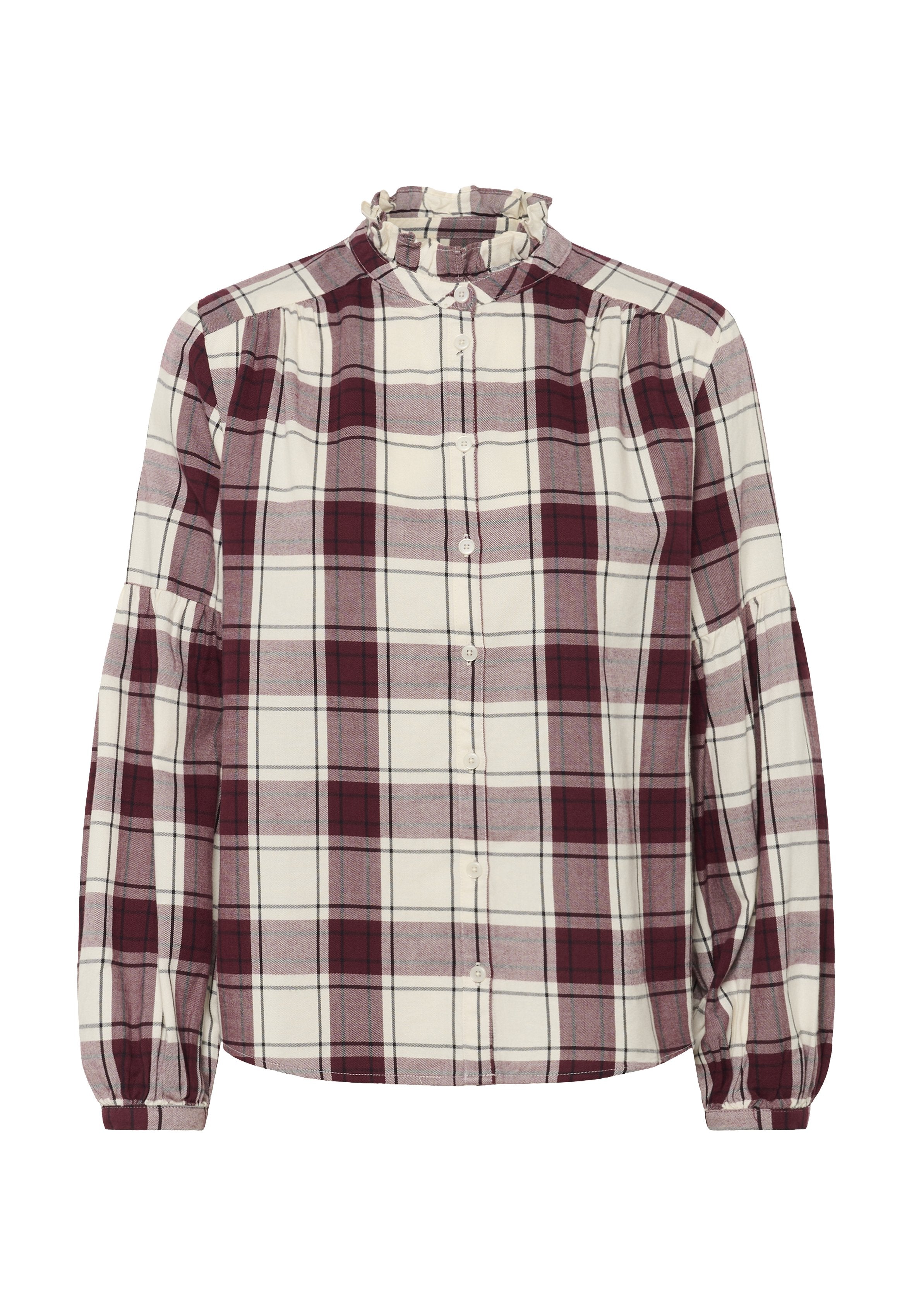 Hemd in Creme, Burgunder und Grau mit kariertem Muster. Mit gerafftem Kragen und langen Ärmeln mit Bündchen. Aus Baumwollstoff.