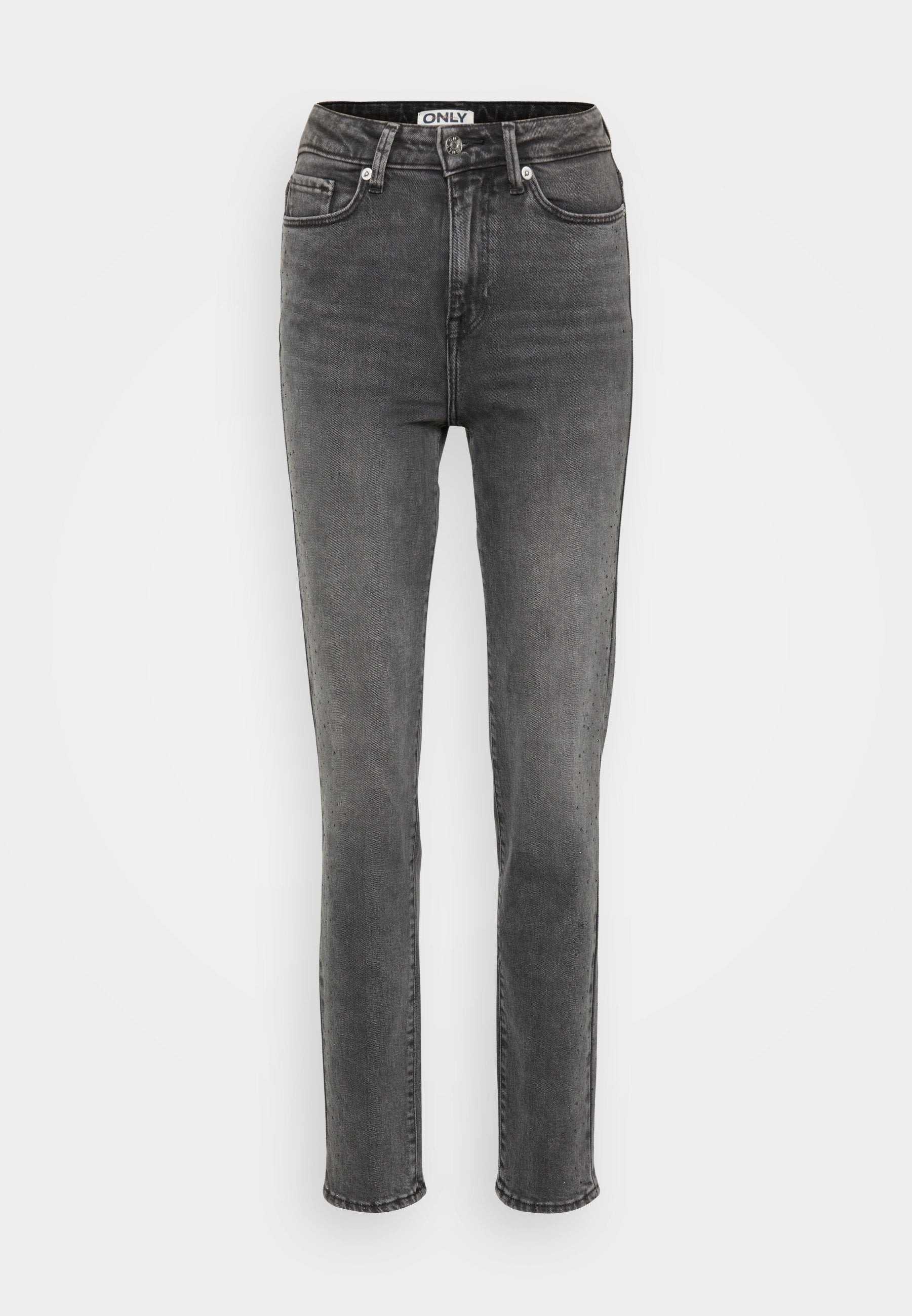Hoch taillierte graue Denim-Jeans mit geradem Beinabchnitt, die fünf Taschen und sichtbare Nähte an den Seiten aufweisen.