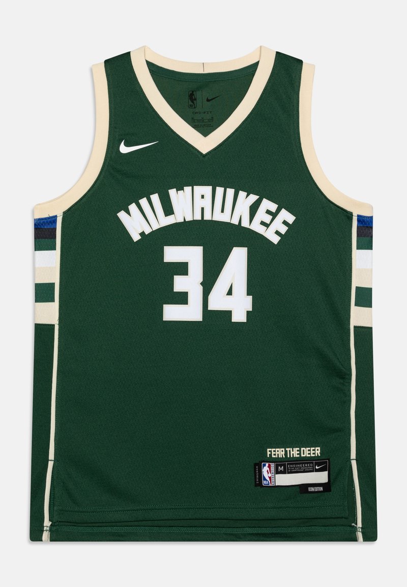 Grünes Basketball-Trikot mit weißer Aufschrift "MILWAUKEE" und der Nummer "34". Verfügt über beigen Besatz, seitliche Streifen in Blau, Grün und schwarzen Akzenten. Nike-Logo ist enthalten.