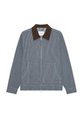Gestreifte Jacke in Blau und Weiß mit braunem Cordkragen, Reißverschluss und zwei Fronttaschen.