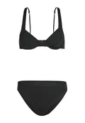 Schwarzes Bikini-Set mit einem dreieckigen Bralette-Oberteil mit verstellbaren Trägern und einem Verschluss, kombiniert mit einem Bikiniunterteil mit mittlerer Taille.