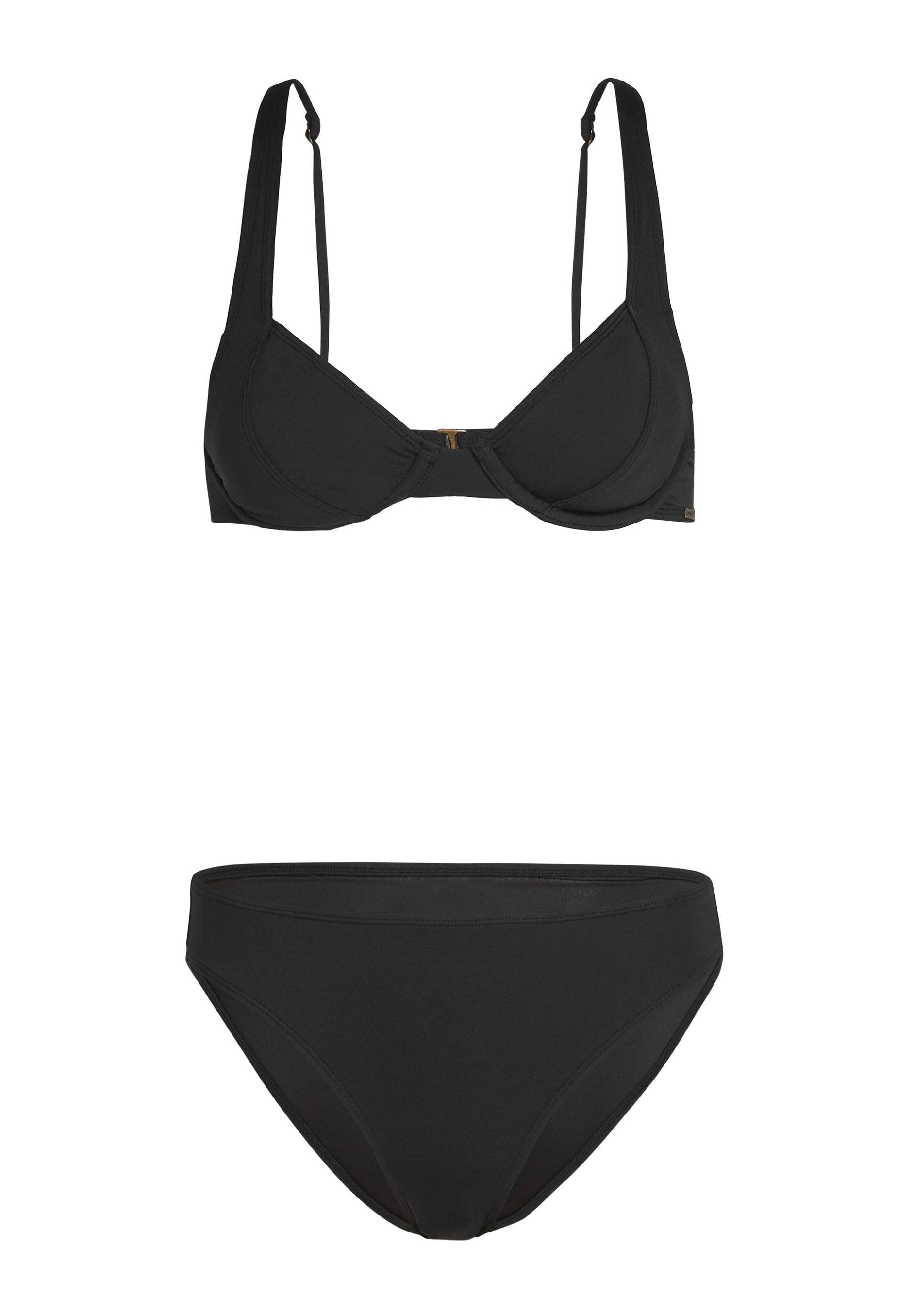 Schwarzes Bikini-Set mit einem dreieckigen Bralette-Oberteil mit verstellbaren Trägern und einem Verschluss, kombiniert mit einem Bikiniunterteil mit mittlerer Taille.